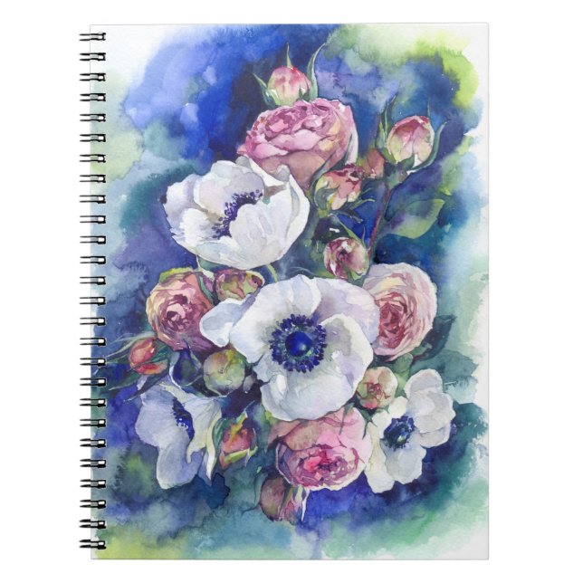 Caderno Espiral Fluxo de ilustração de rosas de flores aquáticas (Frente)
