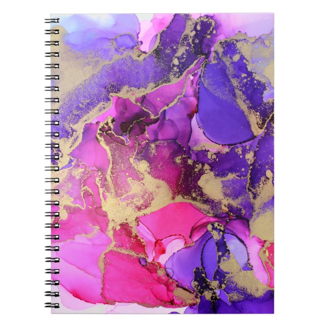 Caderno Espiral Fluxo de Tinta Dourada Rosa Púrpura Deluxe. Camada (Frente)