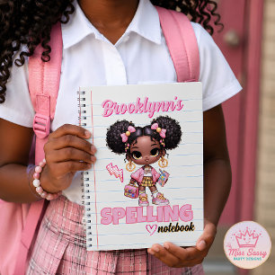 Caderno Espiral Fofa Afro Puff Rosa e Amarelo Garota Escolar Chic