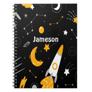 Caderno Espiral Foguete da Galáxia do Espaço Exterior Amarelo Negr