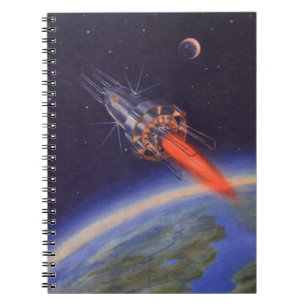 Caderno Espiral Foguete de Ficção Científica Vintage no Espaço sob