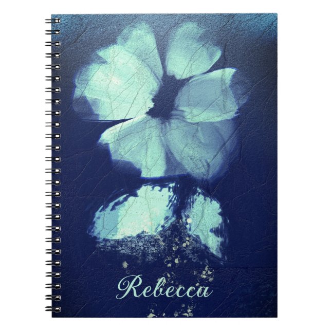 Caderno Espiral Foil Torquoise Floral Marinho Azul Script Monogram (Frente)