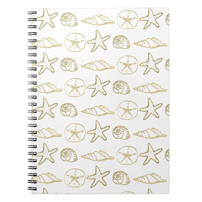 Caderno Espiral Folha de Ouro, Conchas de Mar Chic Beach Elegante  (Frente)