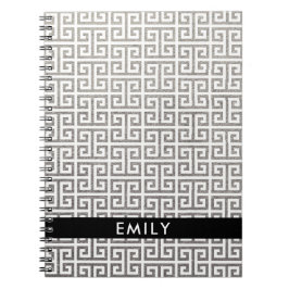 Caderno Espiral Folha de prata personalizada e chave grega branca