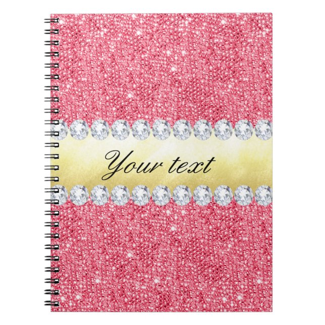 Caderno Espiral Folha Dourado e diamantes dos Sequins cor-de-rosa (Frente)