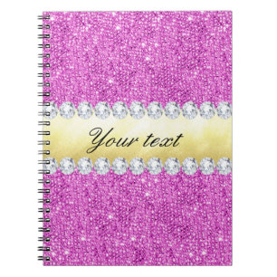 Caderno Espiral Folha Dourado e diamantes dos Sequins roxos