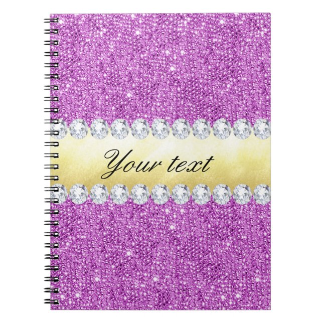 Caderno Espiral Folha Dourado e diamantes dos Sequins roxos (Frente)