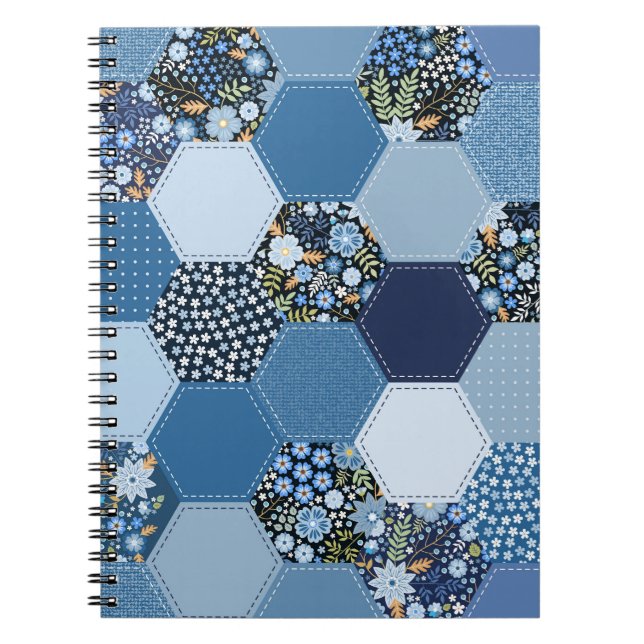 Caderno Espiral Folha floral, colagem de denim: padrão azul. (Frente)