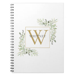 Caderno Espiral Folhagem Dourada Elegante Monograma Greenery