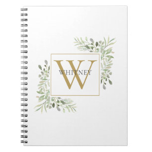 Caderno Espiral Folhagem Dourada Elegante Monograma Greenery