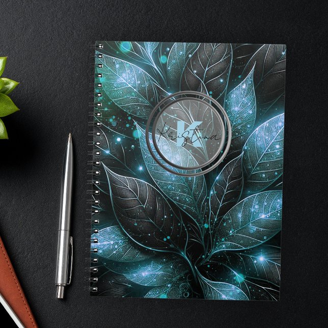 Caderno Espiral Folhagem Luminosa Elegante Luxuosa, Preta-Teal (Criador carregado)
