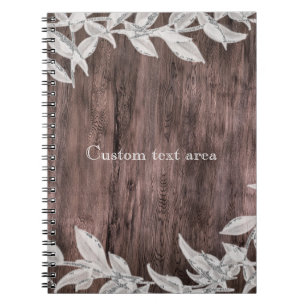 Caderno Espiral Folhas brancas e prateadas e madeira russa elegant