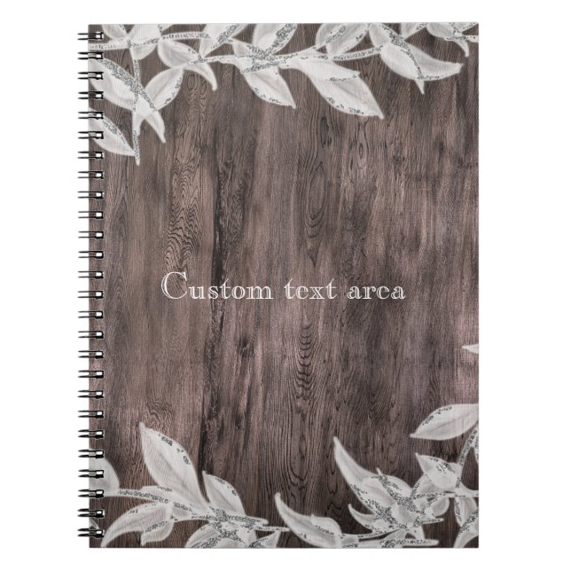 Caderno Espiral Folhas brancas e prateadas e madeira russa elegant (Frente)