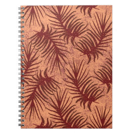 Caderno Espiral Folhas castanho-vermelho sobre fundo malhado.