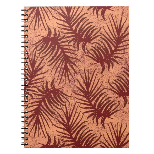 Caderno Espiral Folhas castanho-vermelho sobre fundo malhado. (Frente)