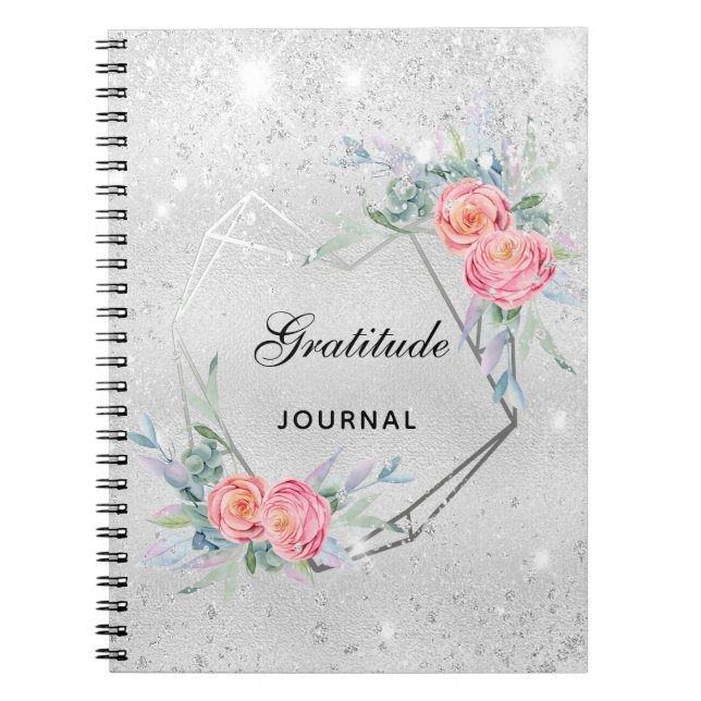 Caderno Espiral Folhas cor-de-rosa prateado da gratidão (Frente)