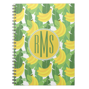 Caderno Espiral Folhas da banana e monograma do teste padrão   da