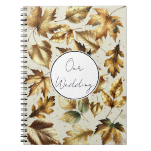 Caderno Espiral Folhas de Bronze Dourado Amêndoa Bege Glam Casamen