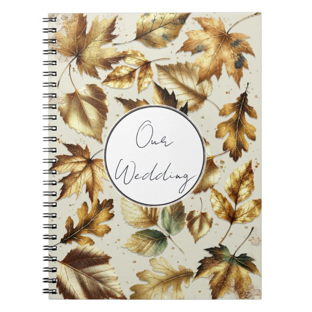 Caderno Espiral Folhas de Bronze Dourado Amêndoa Bege Glam Casamen (Frente)