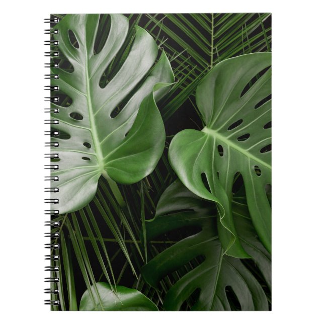 Caderno Espiral Folhas de Monstera, layout tropical de luxo. (Frente)