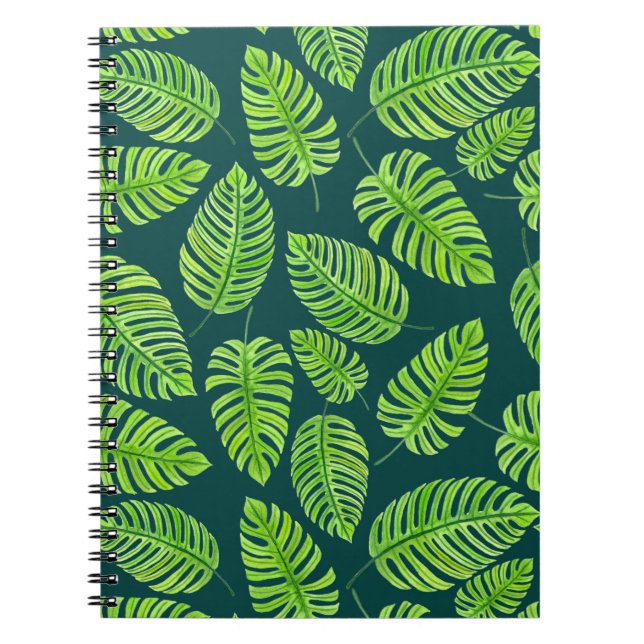Caderno Espiral Folhas de Monstera, padrão de aquarela tropical (Frente)