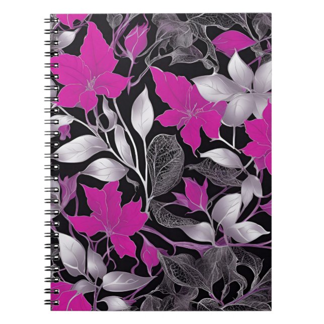 Caderno Espiral Folhas de na moda cor-de-rosa e prata (Frente)