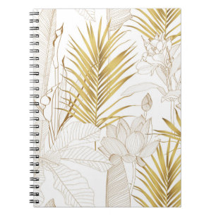 Caderno Espiral Folhas de palma de ouro de linha floral exótica tr