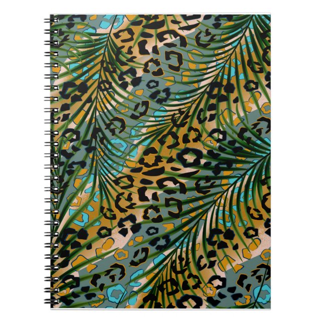 Caderno Espiral Folhas de palma num fundo-leopardo. (Frente)