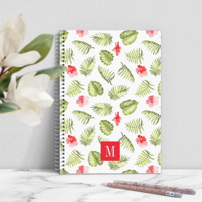 Caderno Espiral Folhas de Palma Verde em Monograma Moderno (Modern Monogram Green Palm Leaves Notebook)