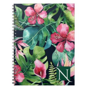 Caderno Espiral Folhas de Palmeira Tropical Escura Flor de Hibisco