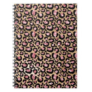 Caderno Espiral Folhas de rosa claro e Douradas manchas-leopardo-b