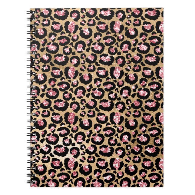 Caderno Espiral Folhas de rosa claro e Douradas manchas-leopardo-b (Frente)