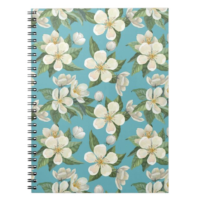 Caderno Espiral Folhas de Verde Flores de Água Brancas (Frente)