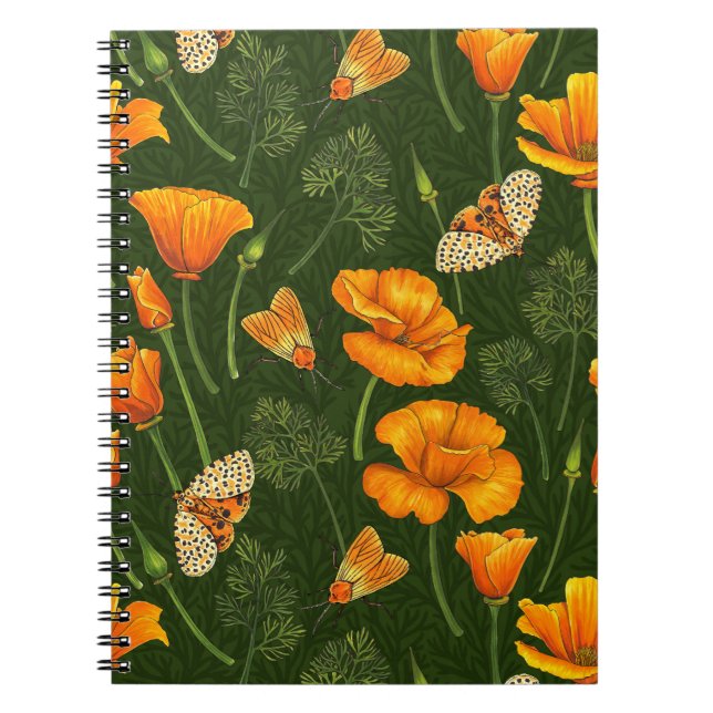 Caderno Espiral Folhas e mariposas da Califórnia em verde escuro (Frente)