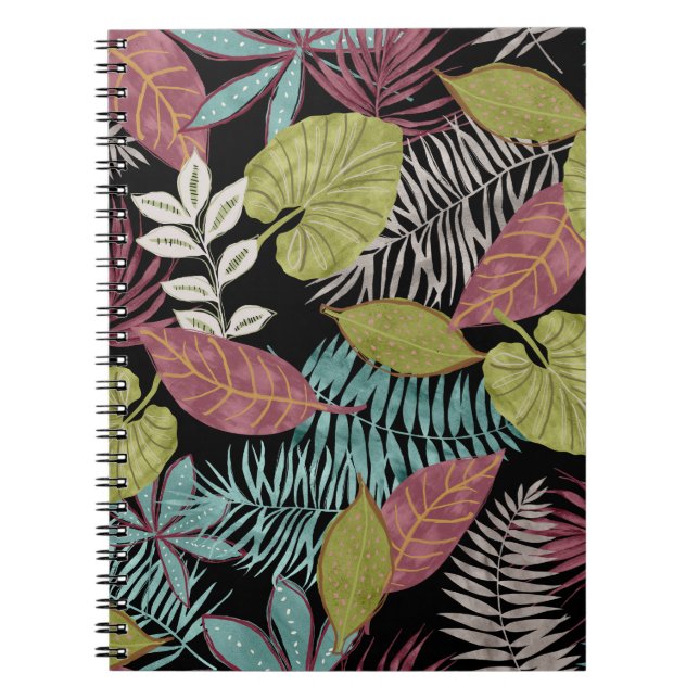 Caderno Espiral Folhas escuras tropicais: Design de padrão têxtil (Frente)