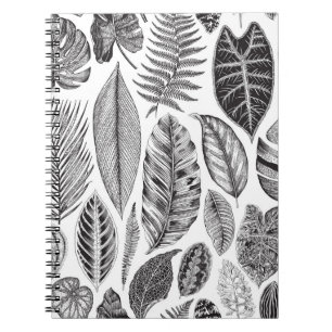 Caderno Espiral Folhas exóticas, preto e branco floral vintage.
