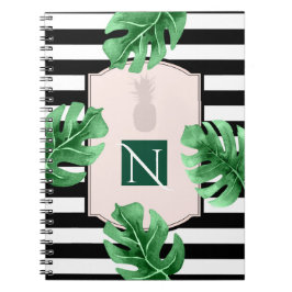 Caderno Espiral Folhas Tropicais & Abacaxi Monograma Chic Elegante