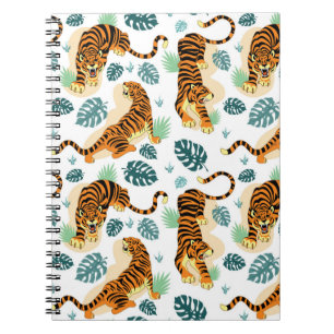 Caderno Espiral Folhas Tropicais de Tigres: Ilustração Vintage.