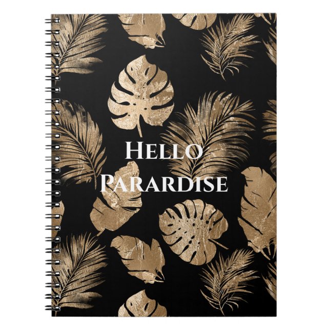 Caderno Espiral Folhas tropicais Douradas chic Black (Frente)
