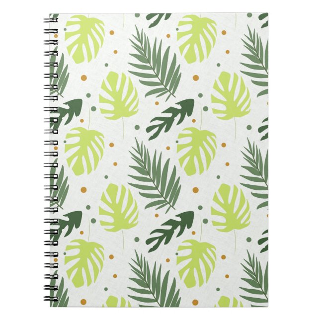 Caderno Espiral Folhas tropicais e bolinhas na textura. (Frente)