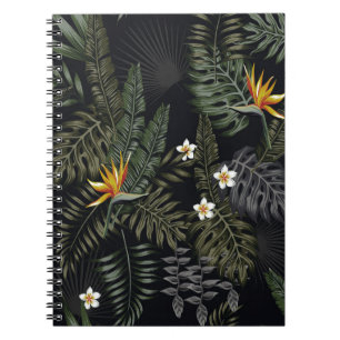Caderno Espiral Folhas tropicais e flores no estilo noturno. Se