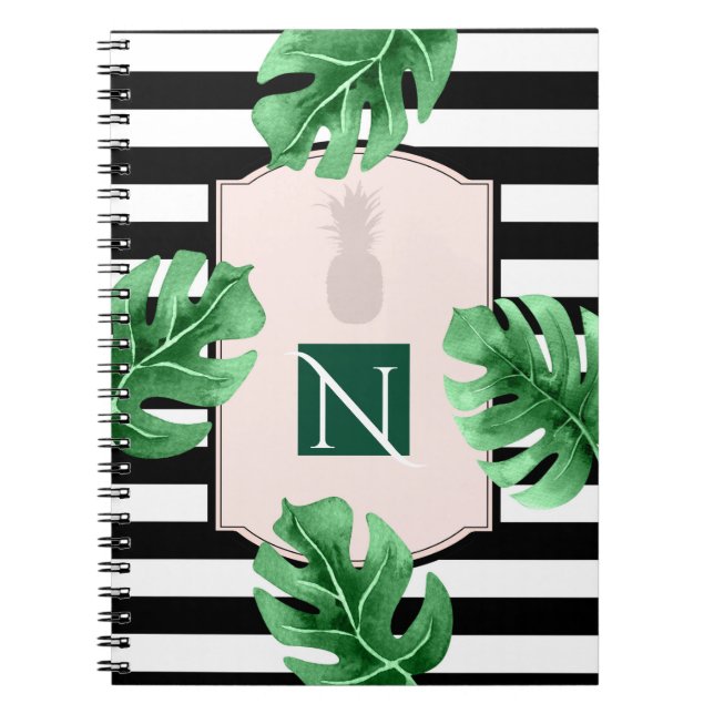 Caderno Espiral Folhas Tropicais e Monograma Chic Elegante de Abac (Frente)