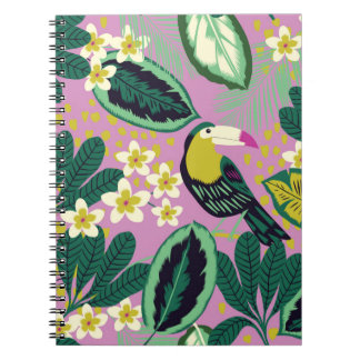 Caderno Espiral Folhas tropicais, flores e aves de tucano, sem cos