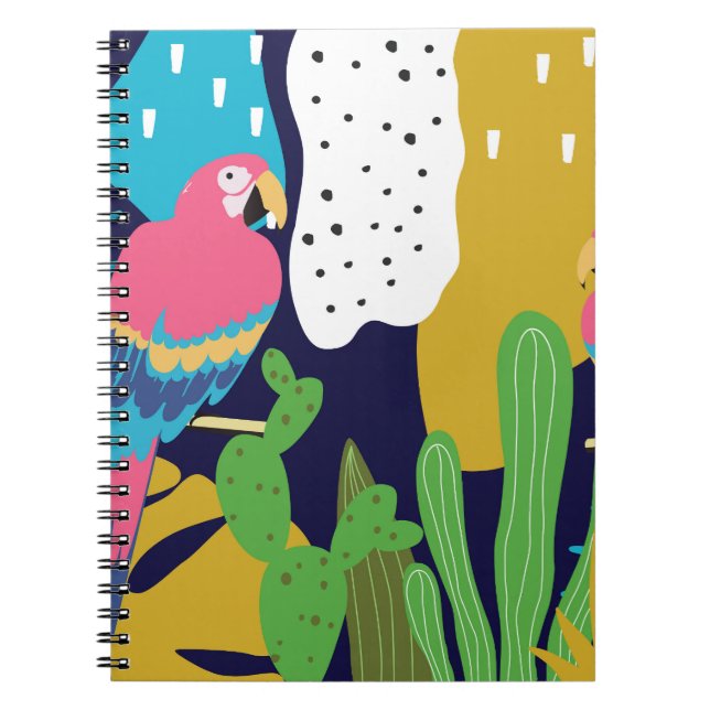 Caderno Espiral Folhas tropicais, papagaios: fundo de verão. (Frente)