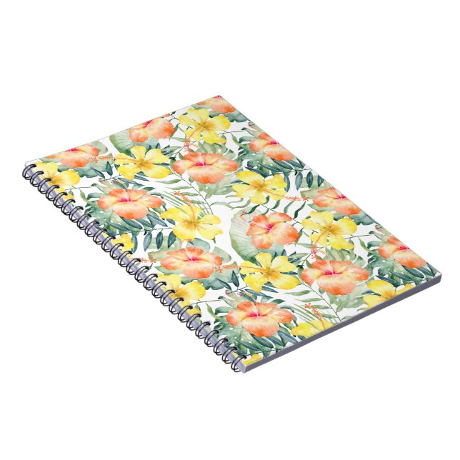 Caderno Espiral Folhas Tropicais Peach Amarelo Hibiscus Floral (Lado Direito)