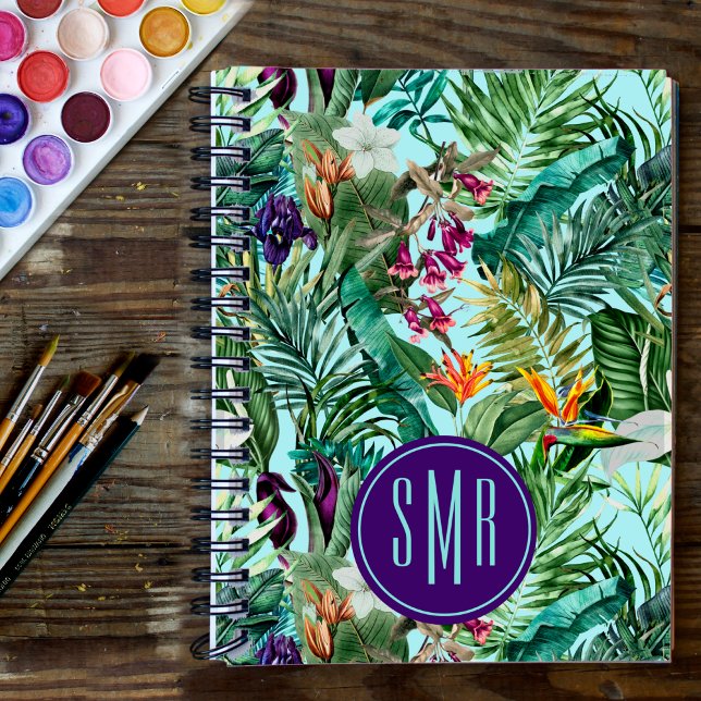 Caderno Espiral Folhas verdes tropicais Elegante padrão aqua flora (Criador carregado)