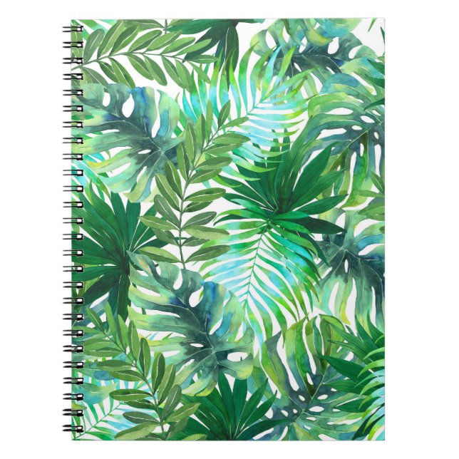 Caderno Espiral Folhas Verdes Tropicais, Sem Água. (Frente)