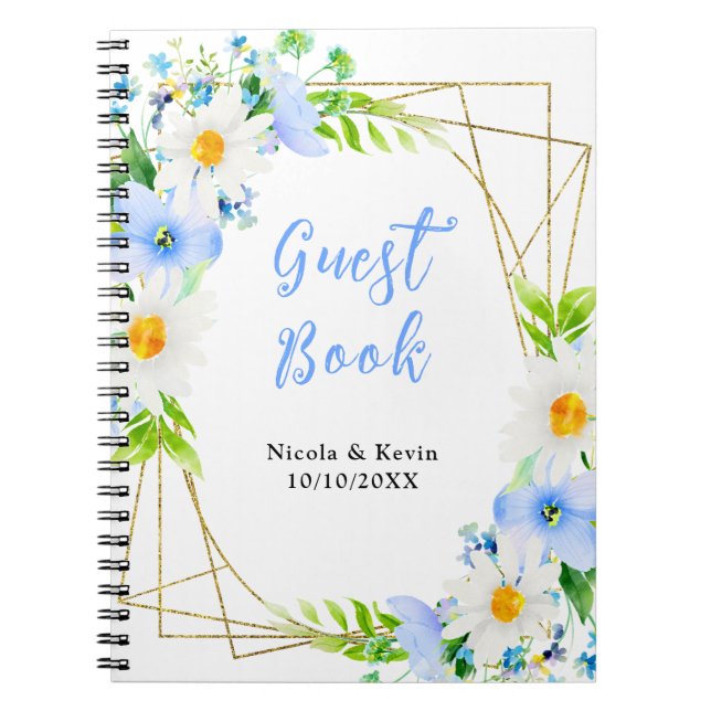 Caderno Espiral Forget-Me-Nots Daisies Floral Wedding Guest Book (Frente)