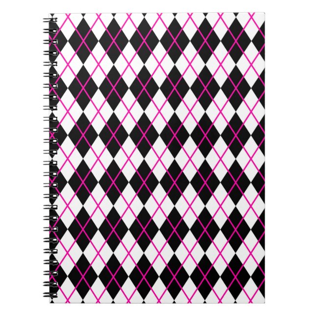Caderno Espiral Forma de Diamante Estampa Argyle Preta e Rosa (Frente)