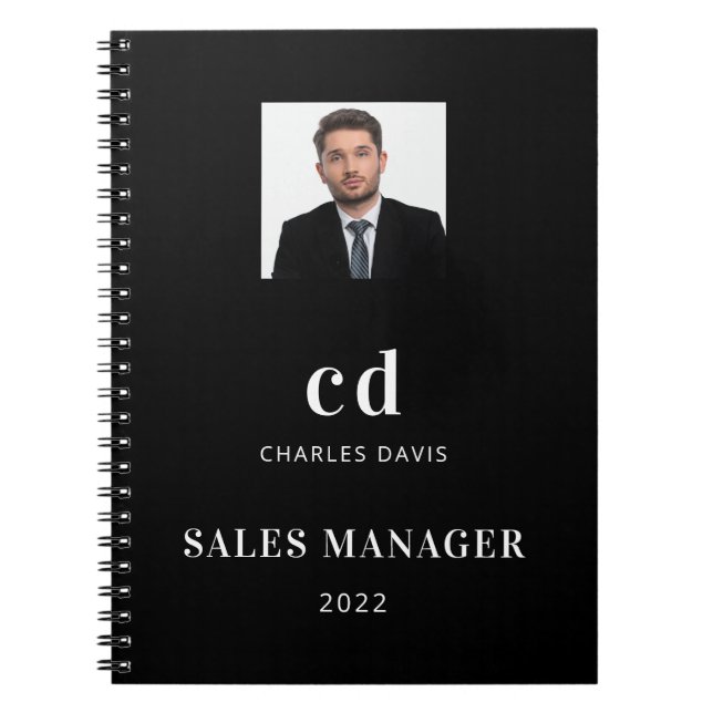 Caderno Espiral Foto de iniciais de nome branco preto negócios (Frente)